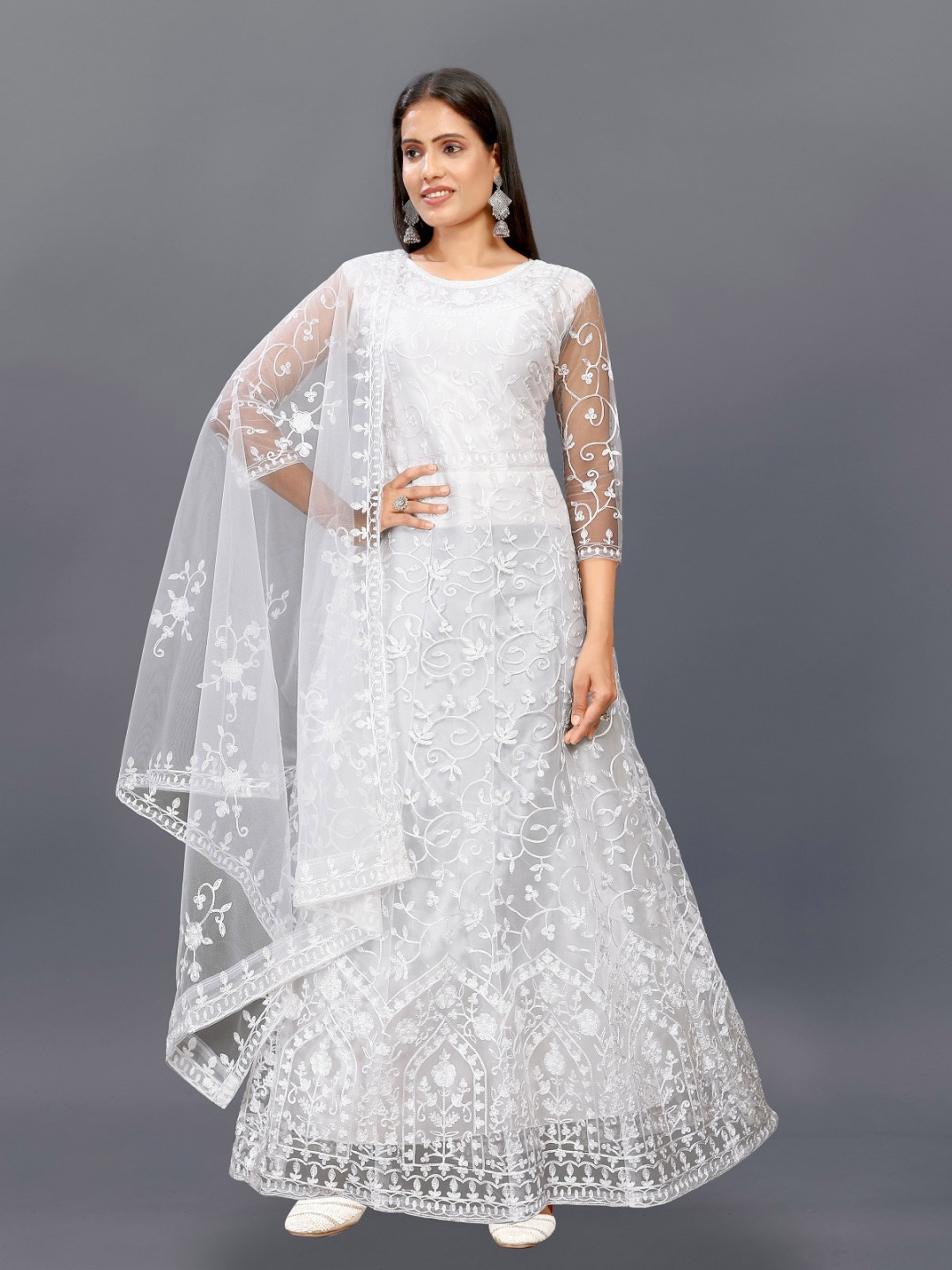 

JULEE Women Embroidered Net Fit & Flare Maxi Ethnic Dresses, White