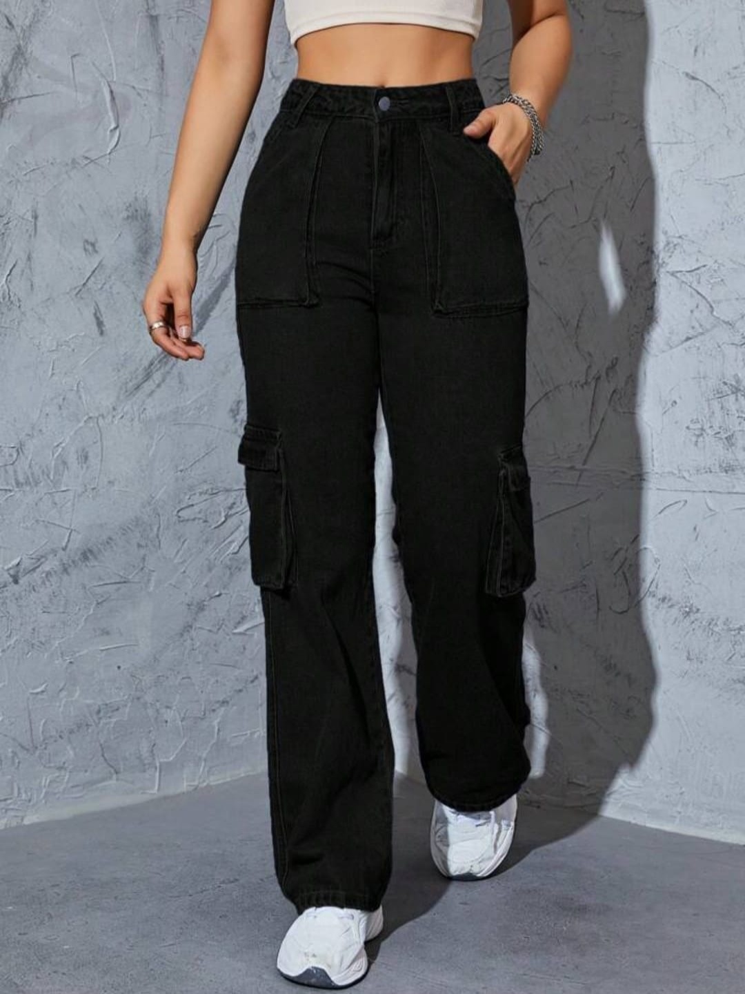 

Next One Women Smart Wide Leg High-Rise Highly Distressed Stretchable Jeans, Black