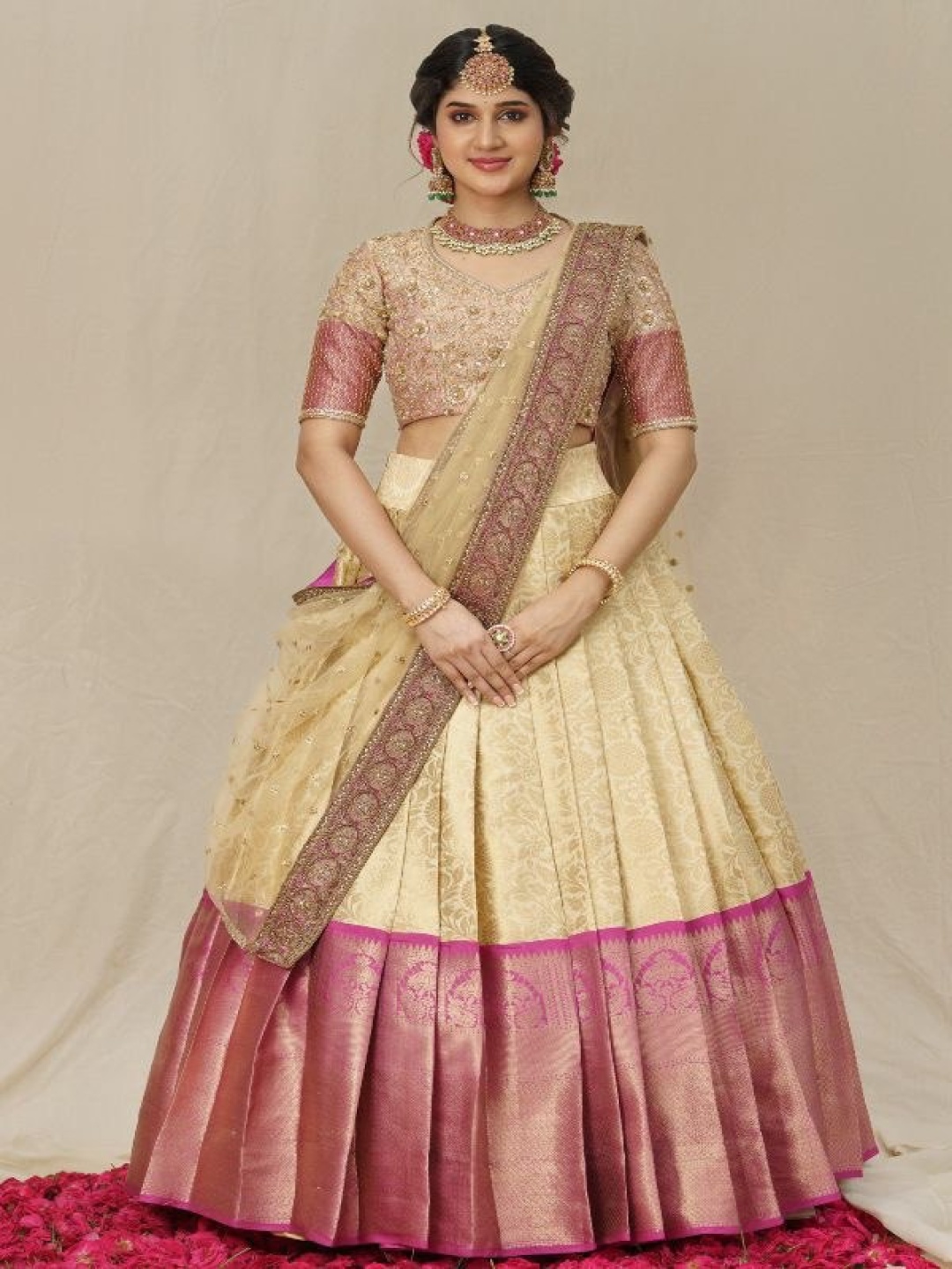 

KALINI Embroidered Stones Silk Semi Stitched Lehenga & Unstitched Blouse With Dupatta, Cream