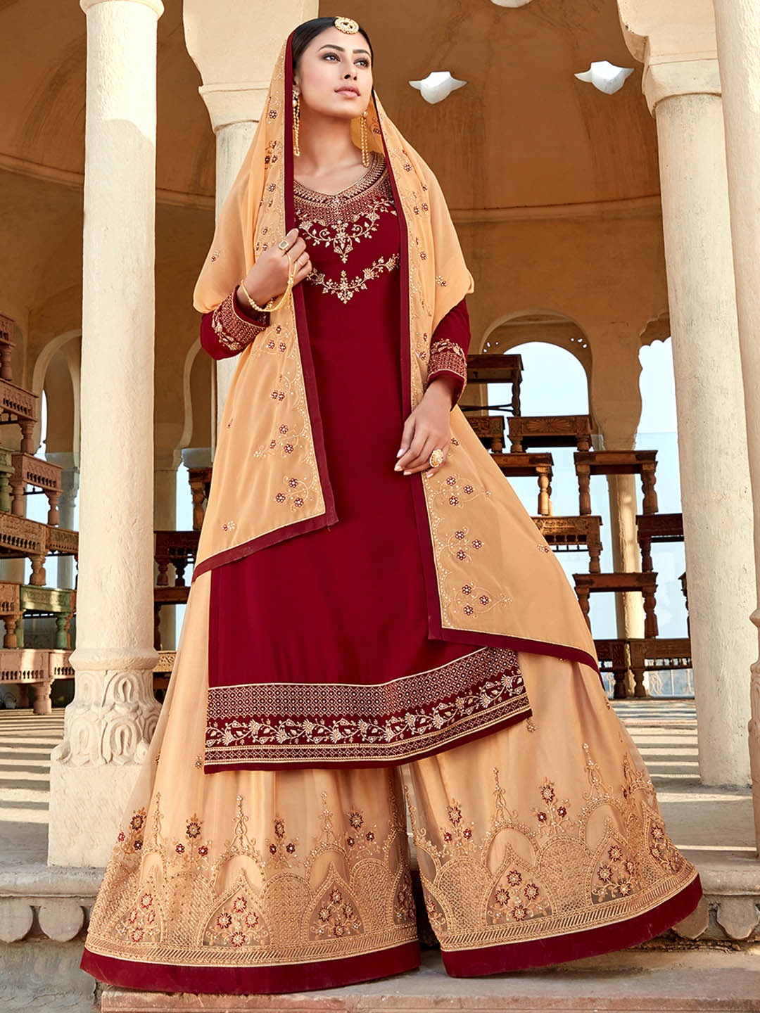 

HRITIKA Women Ethnic Motifs Embroidered Regular Silk Georgette Kurta with Sharara & With Dupatta, Maroon
