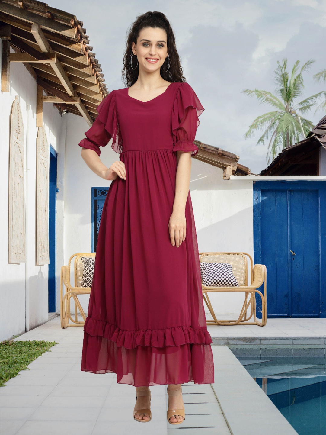 

MISS AYSE Applique Georgette Maxi Dress, Maroon