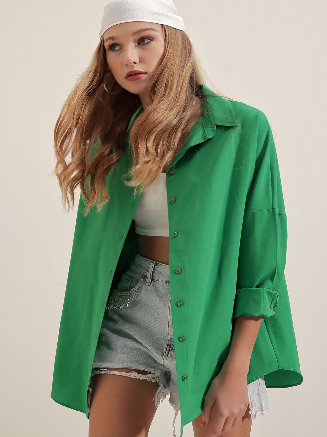 

BIGDART Spread Collar Drop Shoulder Sleeves Casual Shirt, Green