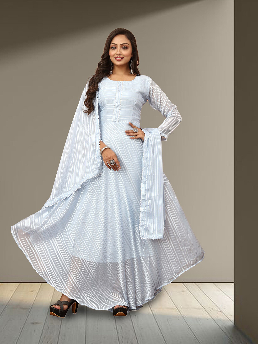 

N N ENTERPRISE Round Neck Striped Gotta Patti Anarkali Kurta With Dupatta, Blue