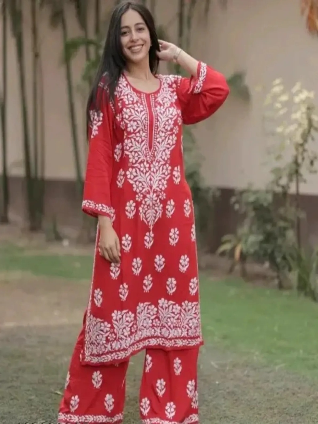 

Rujave Chikankari Straight Kurta With Palazzo, Red