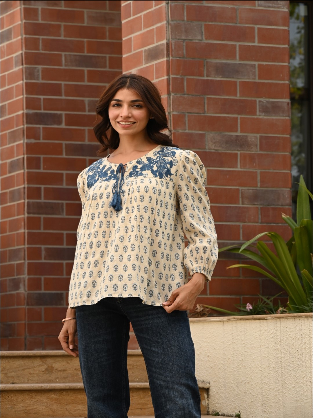 

Nyaro Geometric Print Tie-Up Neck Bohemian Cotton Top, Blue