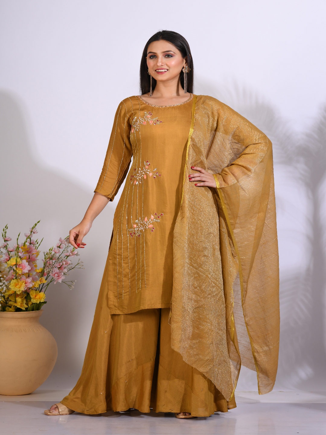 

Morchari Embroidered Straight Kurta With Palazzo & Dupatta, Mustard