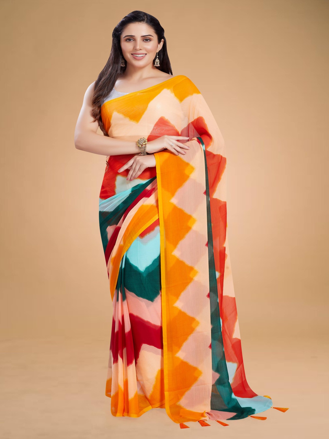 

Rani Saahiba Geometric Printed Saree, Orange