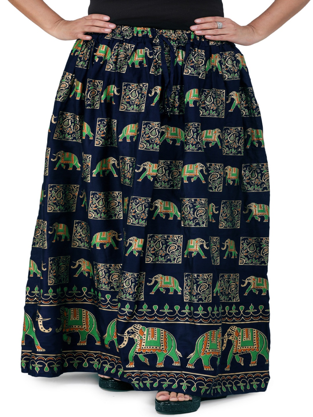 

Exotic India Printed Pure Cotton A-Line Maxi Skirt, Blue