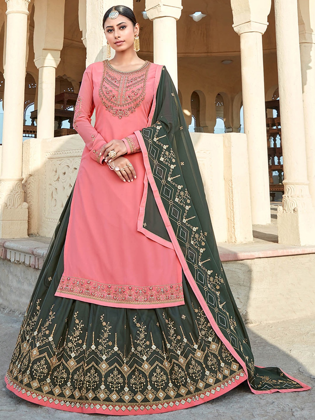 

HRITIKA Women Ethnic Motifs Embroidered Regular Silk Georgette Kurta with Sharara & With Dupatta, Pink