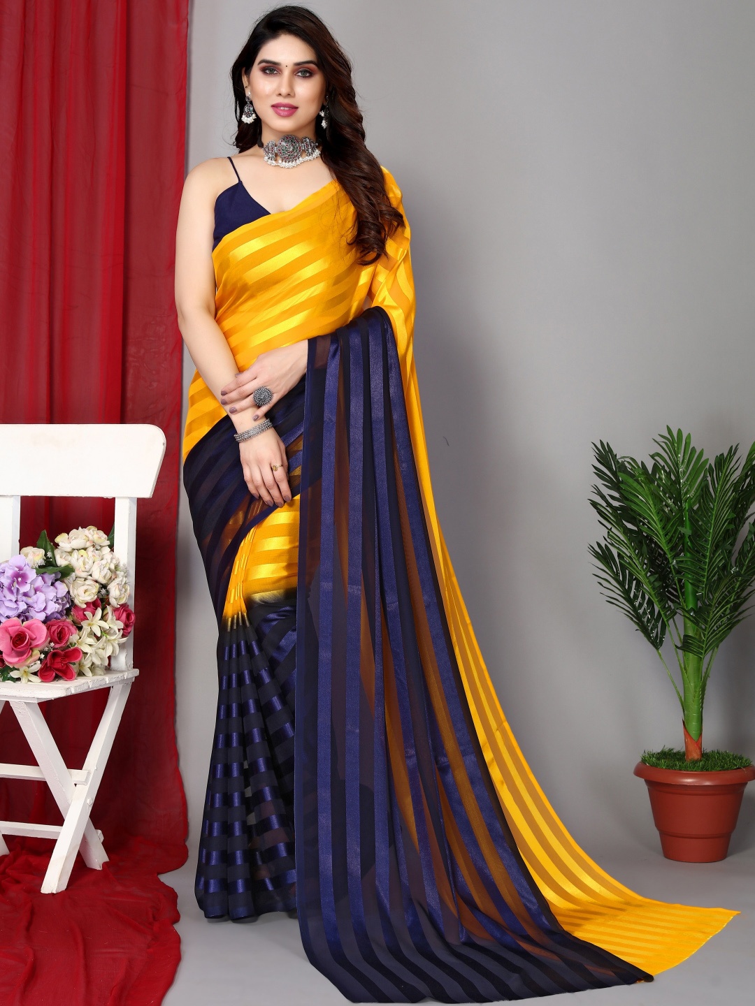 

Moda Rapido Striped Satin Saree, Yellow