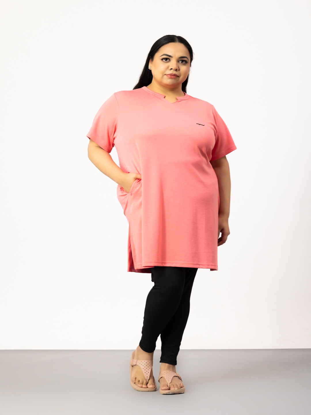 

CUPID Plus Size Notched Neck Short Sleeves Cotton Top, Pink