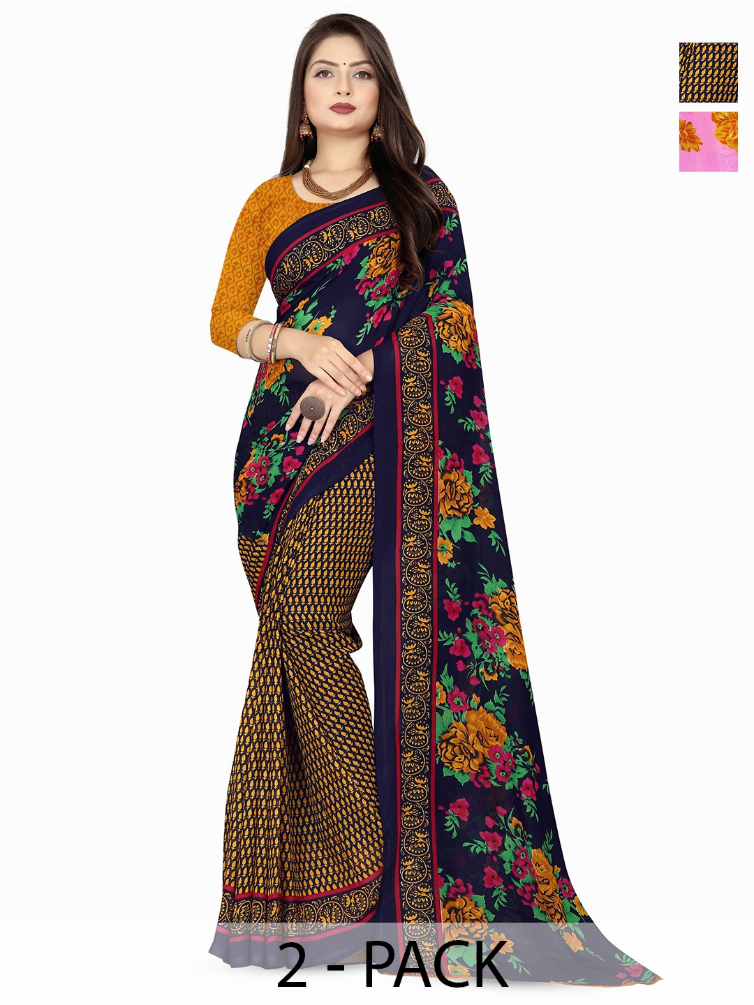 

ANAND SAREES Pack of-2 Floral Saree, Blue