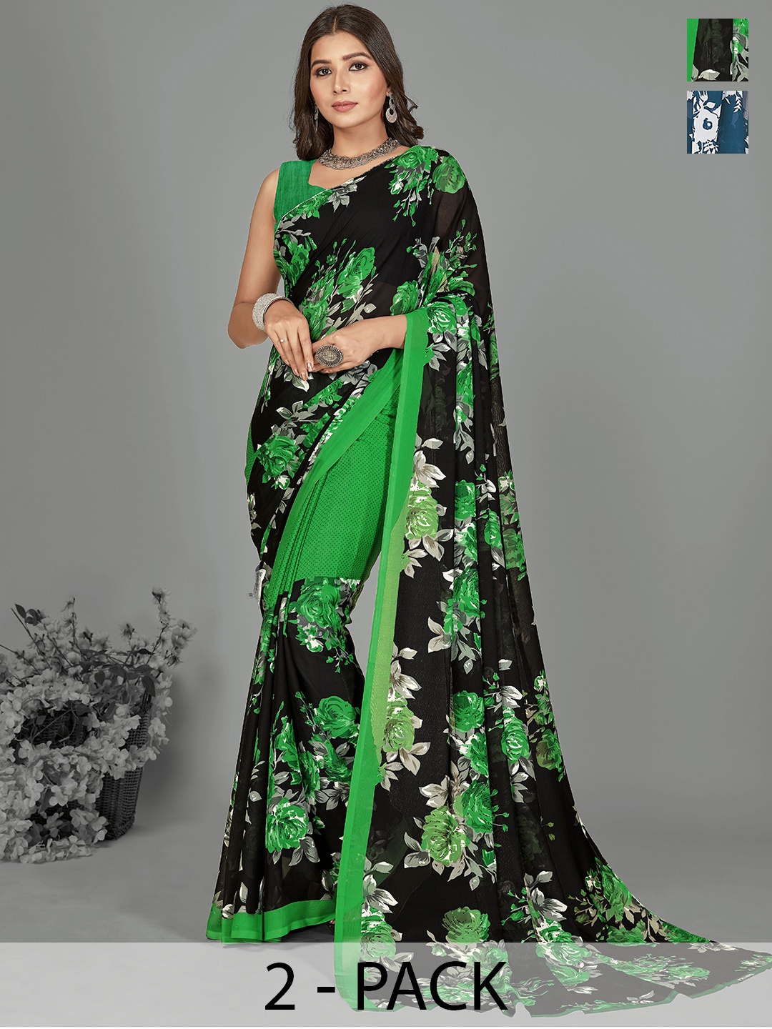 

ANAND SAREES Floral Pack of 2 Saree, Green