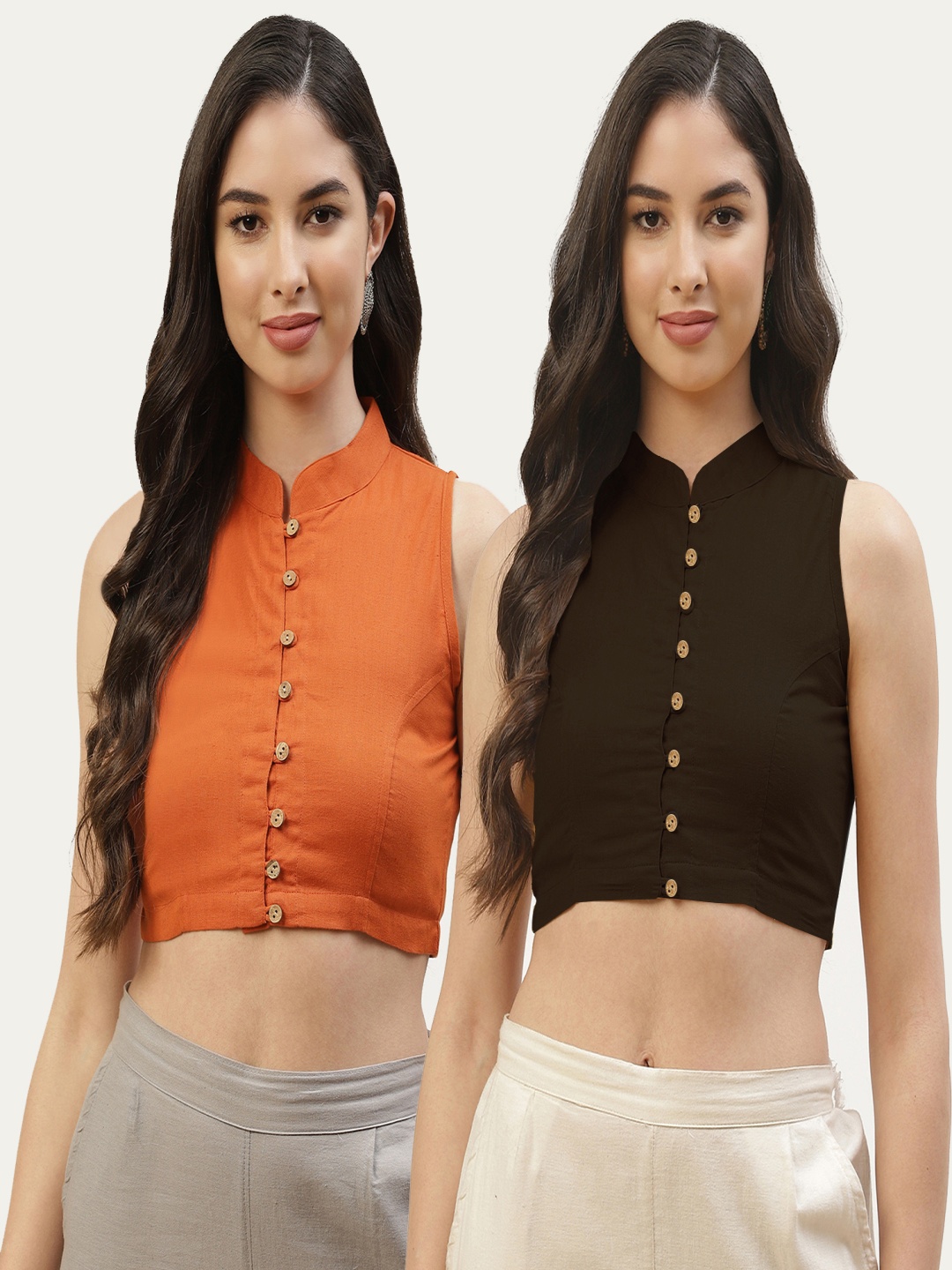 

Molcha Pack Of 2 Cotton Non Padded Saree Blouses, Brown