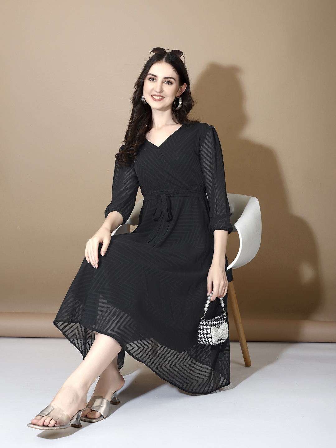 

Fashion Basket Puff Sleeve Georgette A-Line Midi Dress, Black