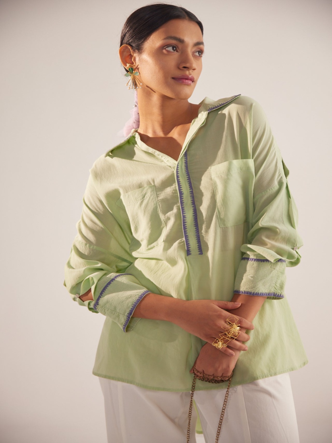 

Western Era Geometric Print Cotton Shirt Style Top, Green