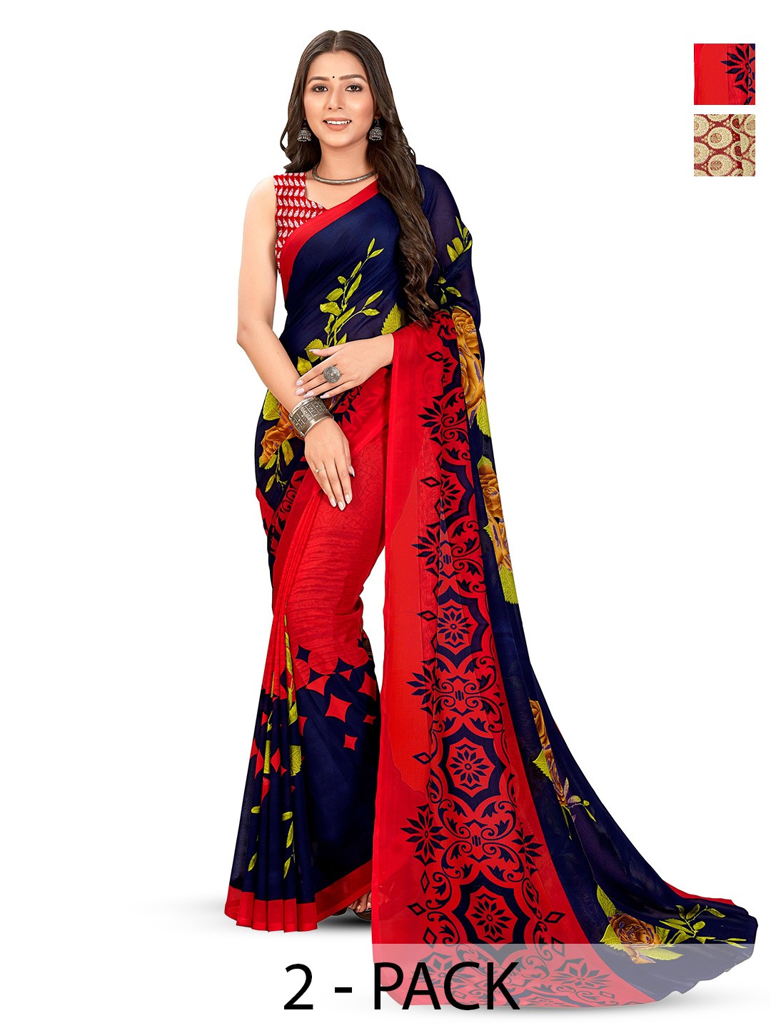 

ANAND SAREES Pack of-2 Floral Printed Saree, Red