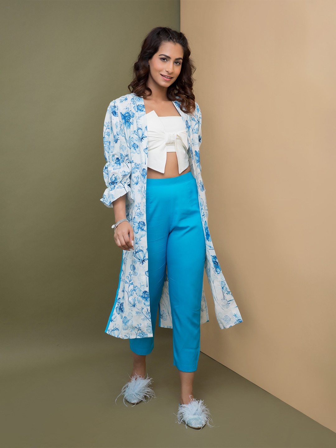 

Rhe-Ana Printed Top & Flared Trouser Co-Ords, Turquoise blue
