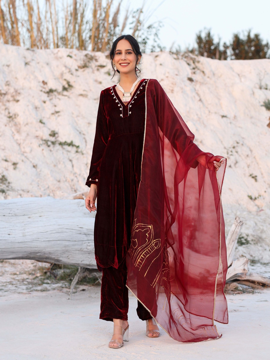 

Chandbaali Embroidered Yoke Design Thread Work Velvet Kurta With Trousers & Dupatta, Maroon