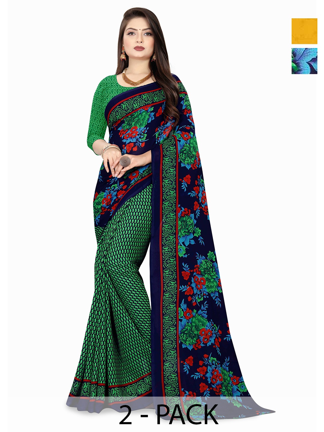 

ANAND SAREES Pack of-2 Floral Printed Saree, Green