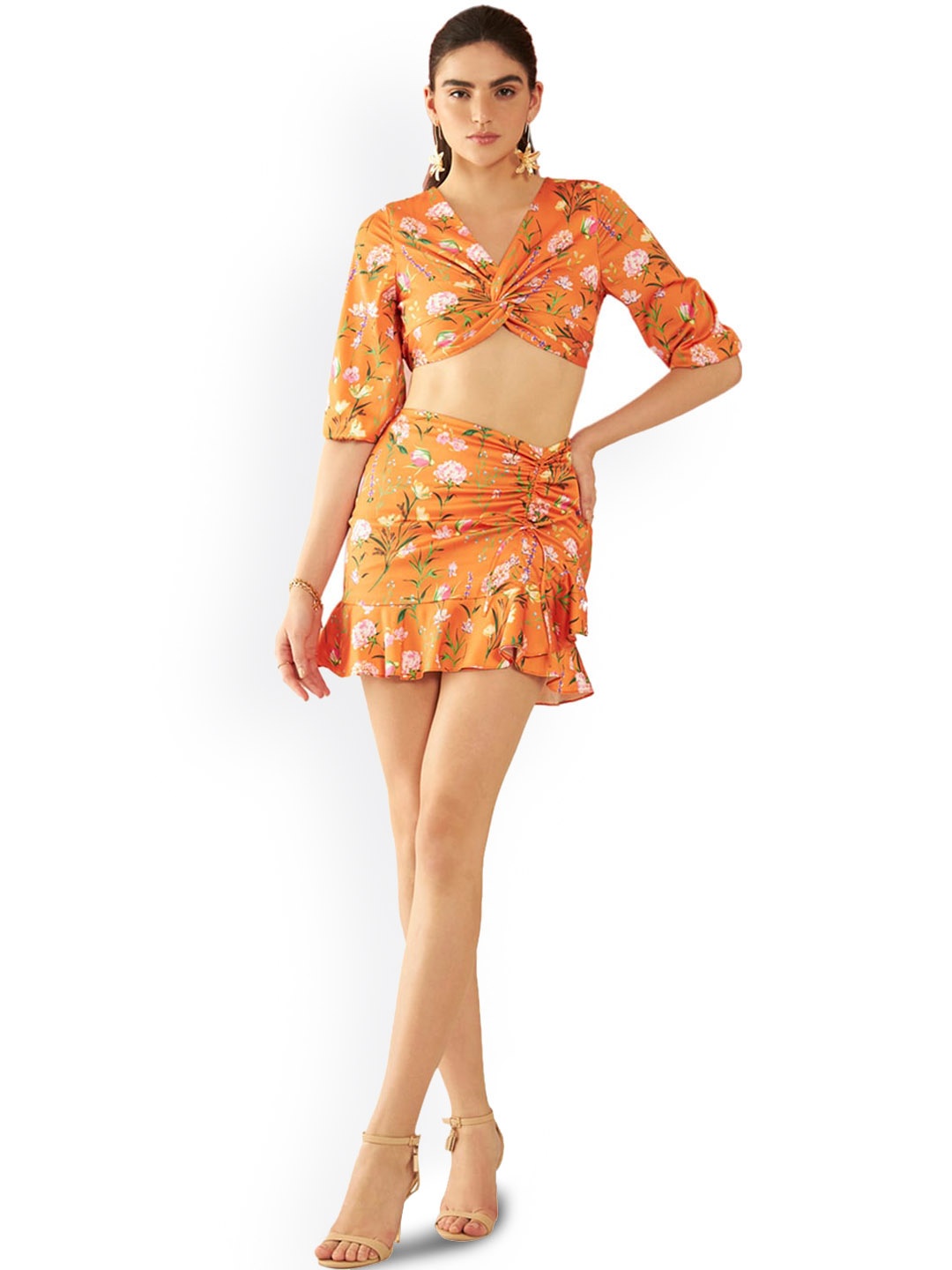 

Virgio Floral Printed Crop Top With Skirt, Orange