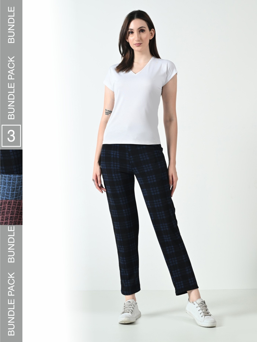 

BAESD Women Pack Of 3 Checked Mid Rise Track Pants, Blue