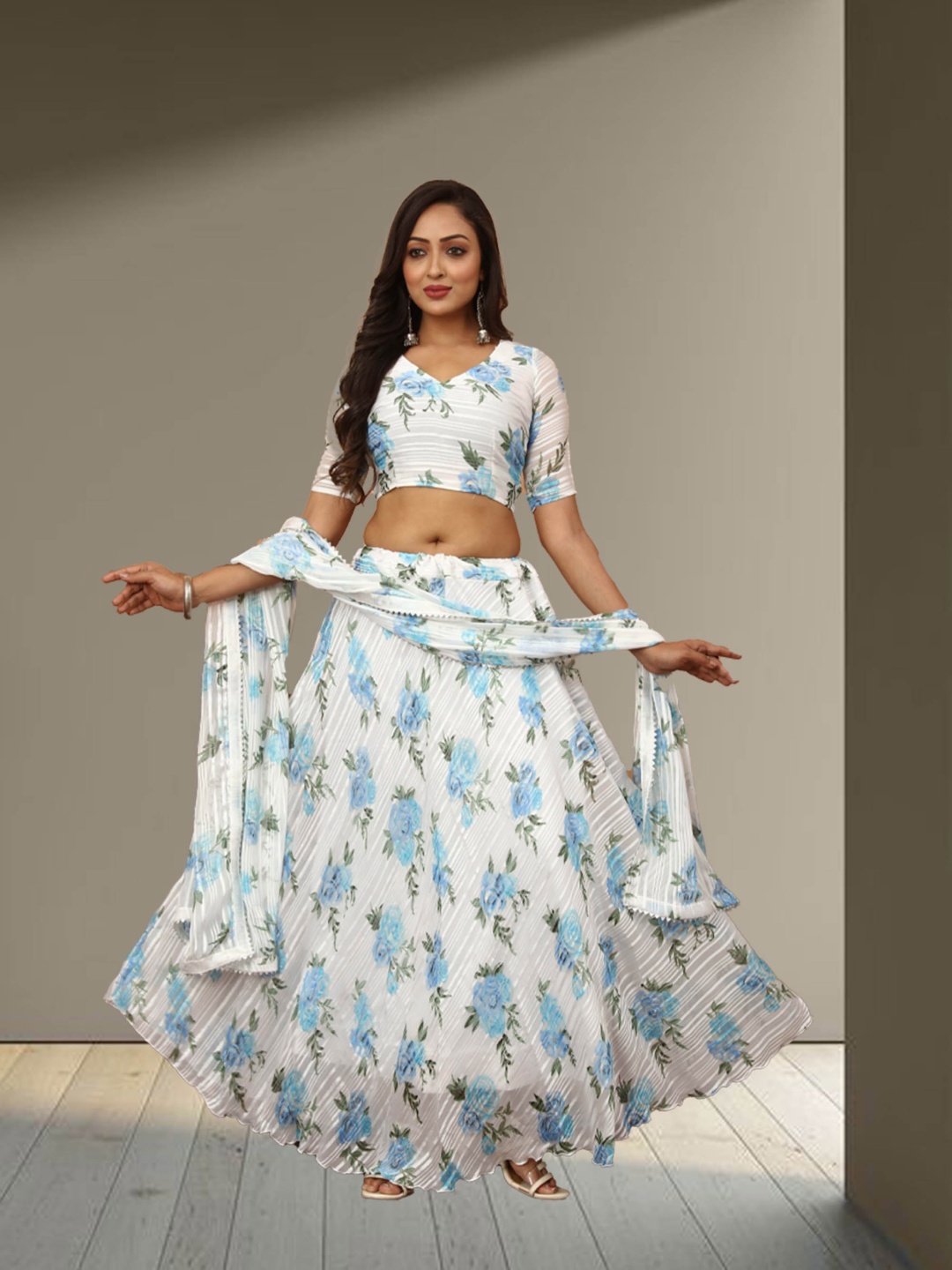 

N ENTERPRISE Printed Semi-Stitched Lehenga & Unstitched Blouse With Dupatta, White