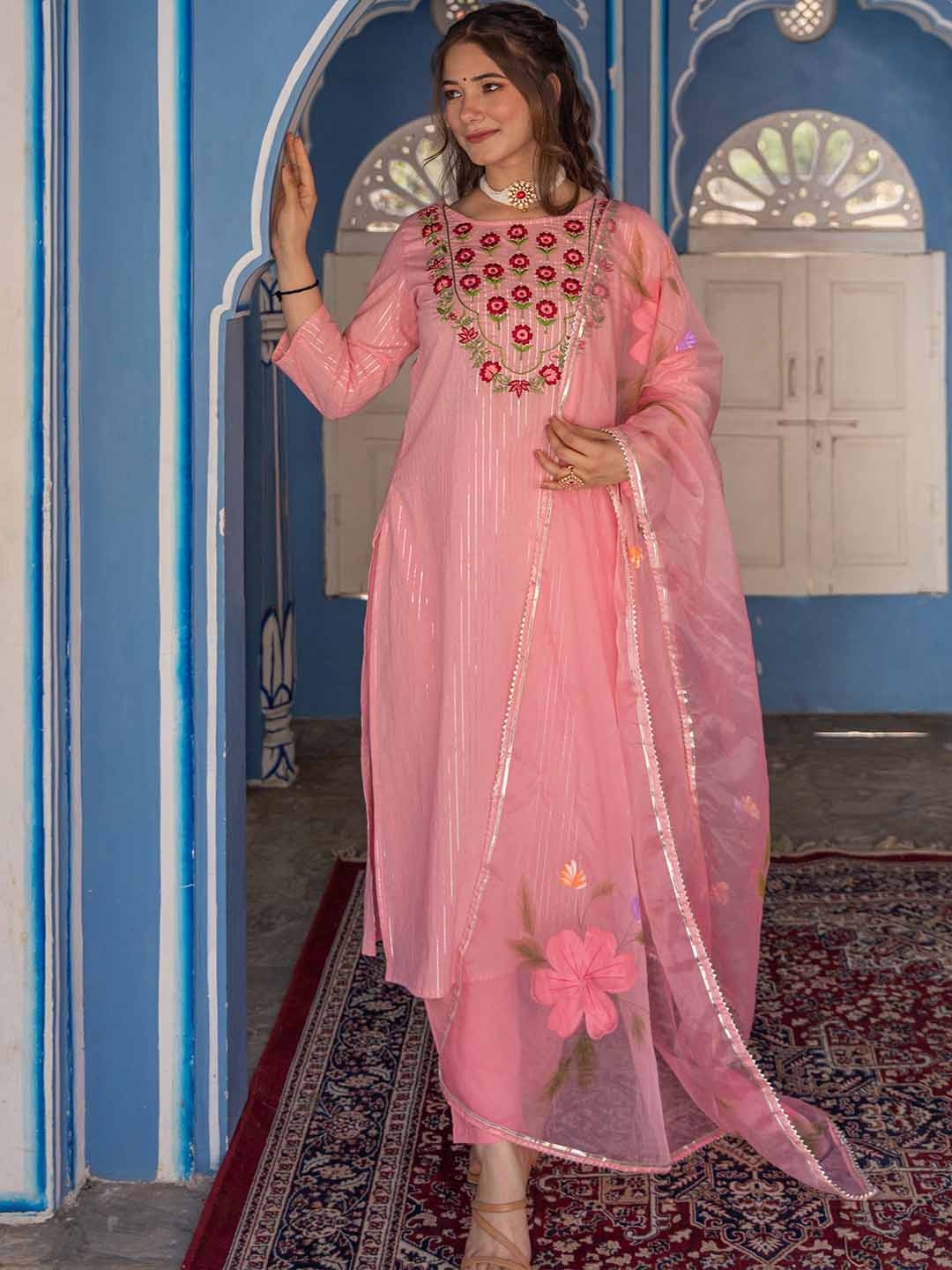 

ROOHANIYAT Striped Thread Work Hand Painted Kurta with Trousers & With Dupatta, Pink