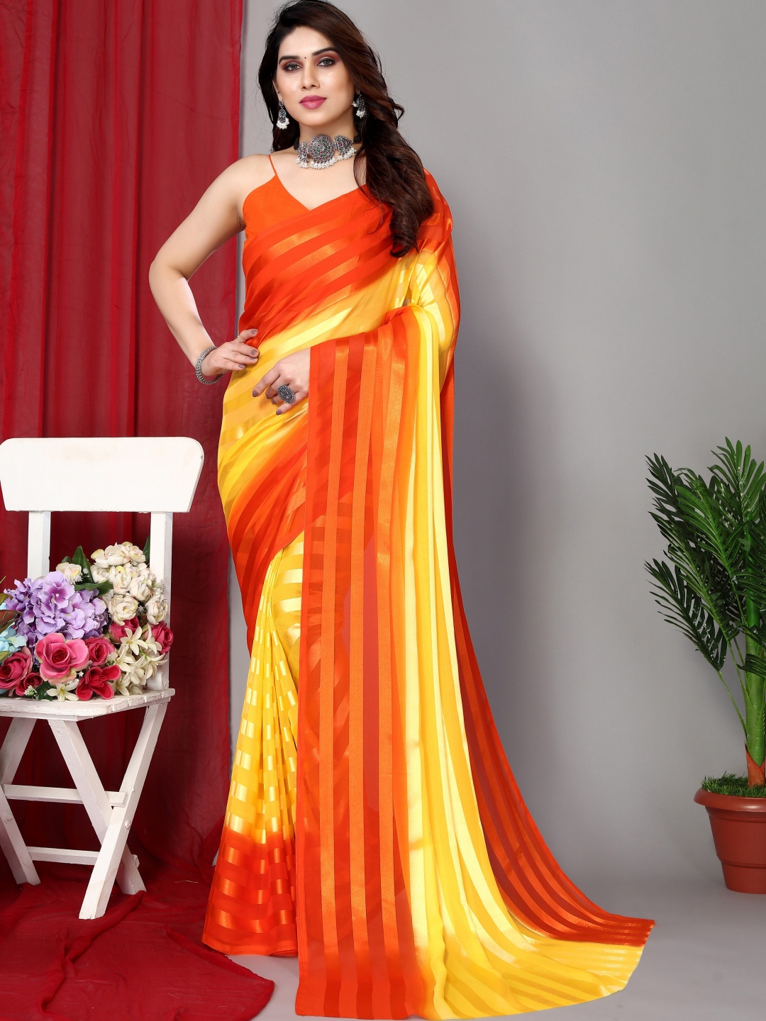 

Moda Rapido Striped Satin Saree, Yellow