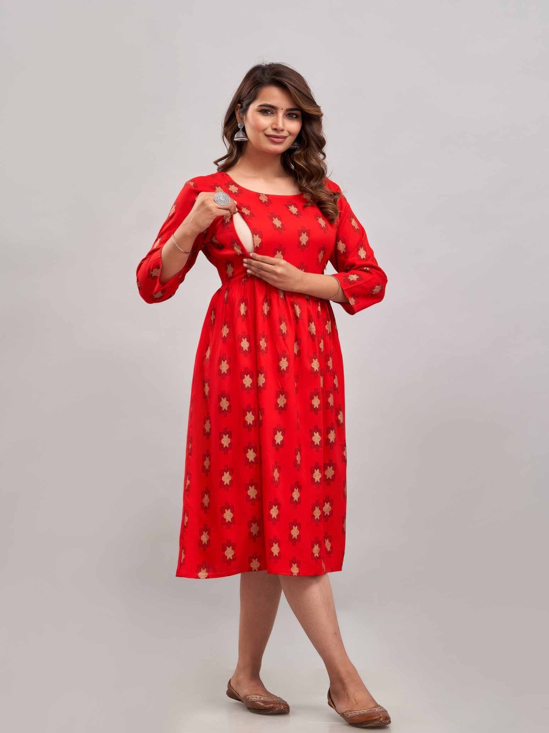 

KALINI Ethnic Motifs Print Maternity Empire Midi Dress, Red