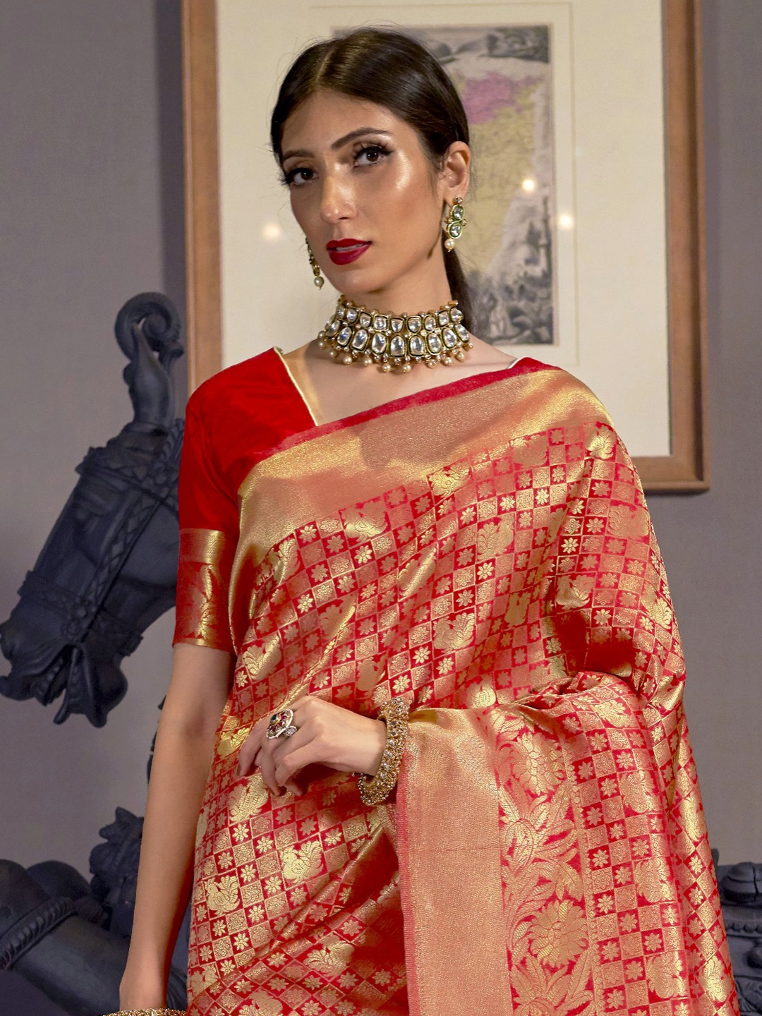 

Anouk Red Floral Woven Design Zari Kanjeevaram Saree