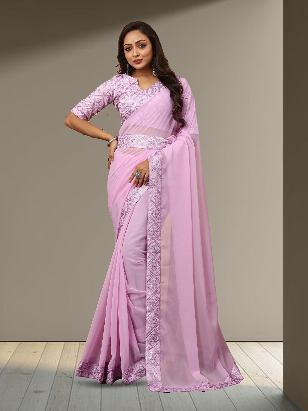 

N N ENTERPRISE Sequinned Embroidered Belted Saree, Pink