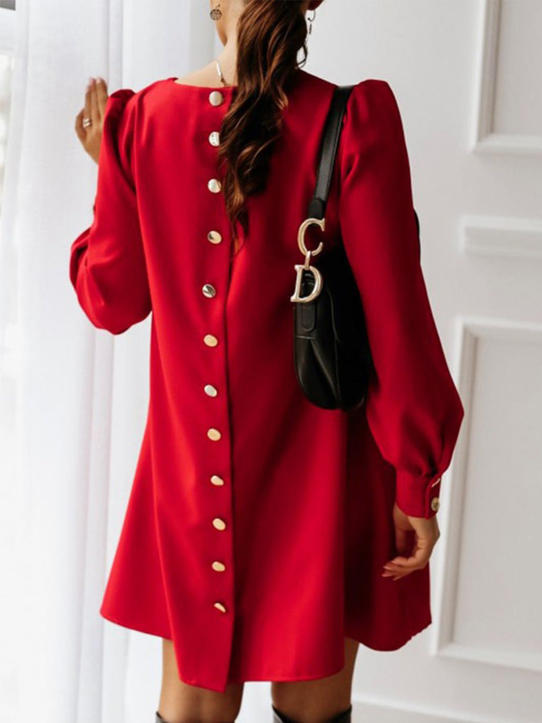 

DressBerry Puff Sleeve Shirt Dress, Red