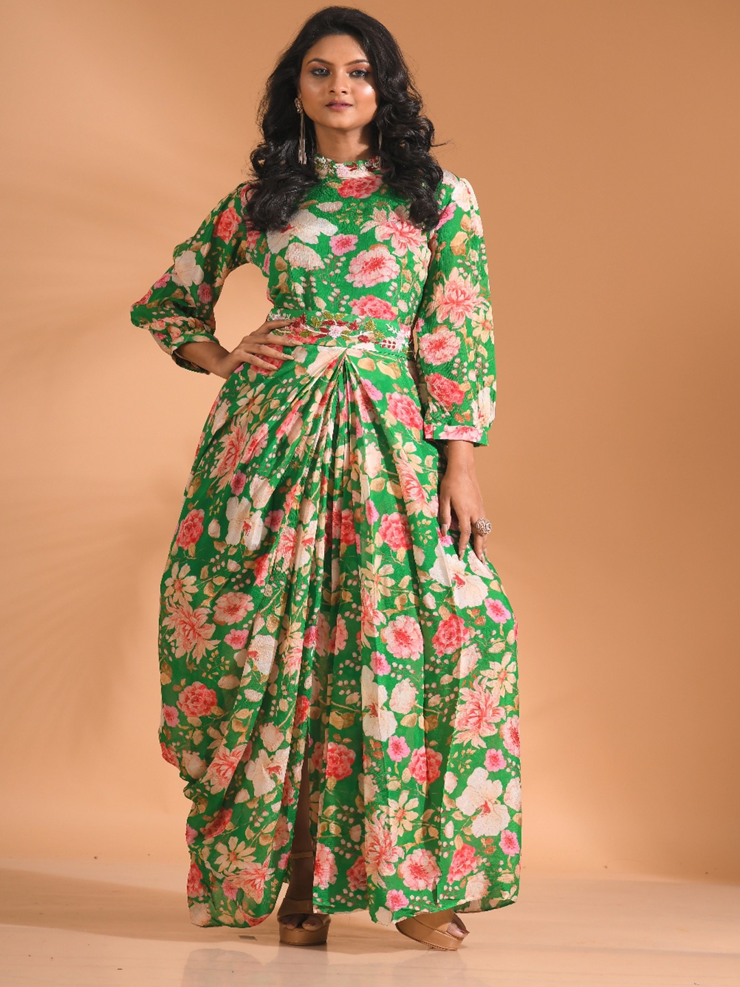 

Morchari Embroidered Flared Maxi Dress, Green