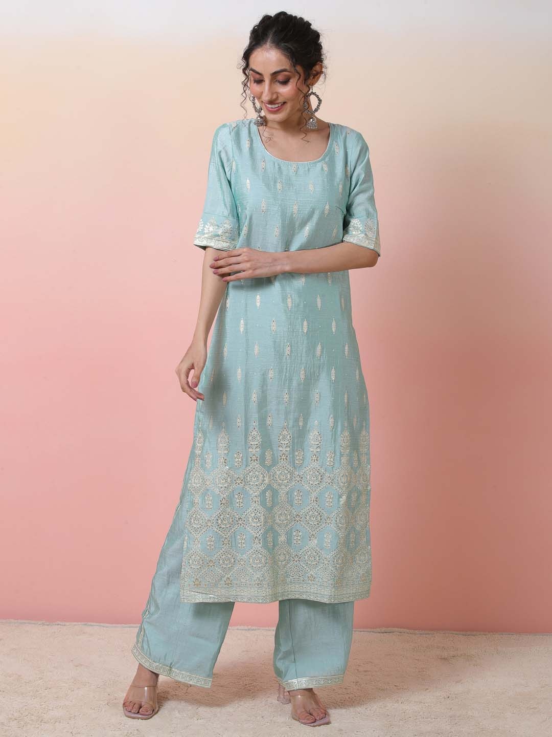 

Sangria Blue Ethnic Motifs Embroidered Chanderi Silk Straight Kurta With Palazzo