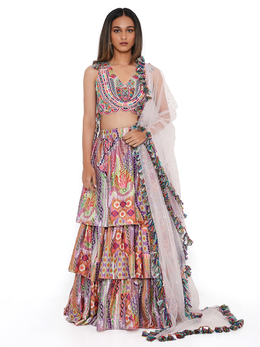 

Payal Singhal Printed V-Neck Sleeveless Ready to Wear Lehenga & Blouse With Dupatta, Purple