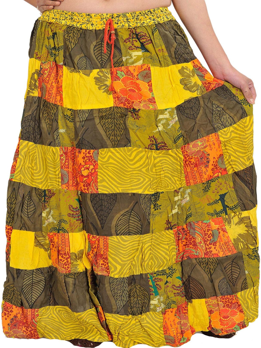 

Exotic India Printed Pure Cotton Flared Maxi Skirt, Yellow