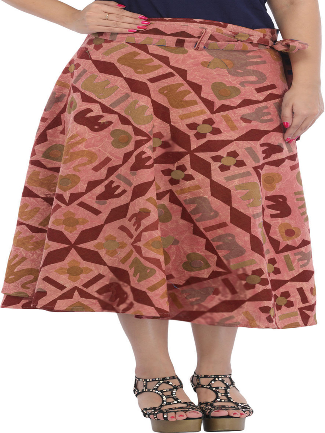 

Exotic India Printed Pure Cotton Wrap Midi Skirts, Red