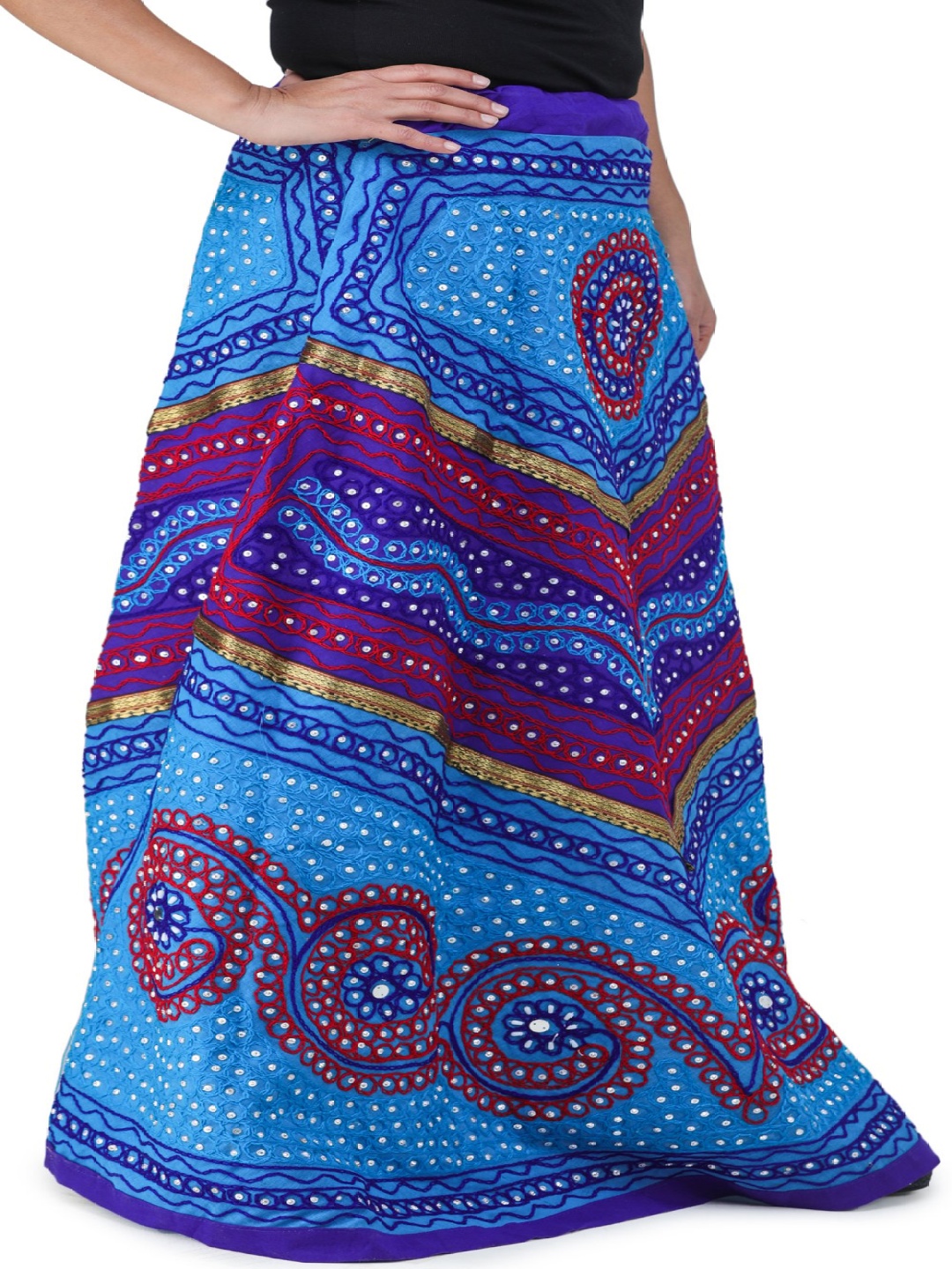 

Exotic India Embroidery Pure Cotton Wrap Maxi Skirts, Turquoise blue