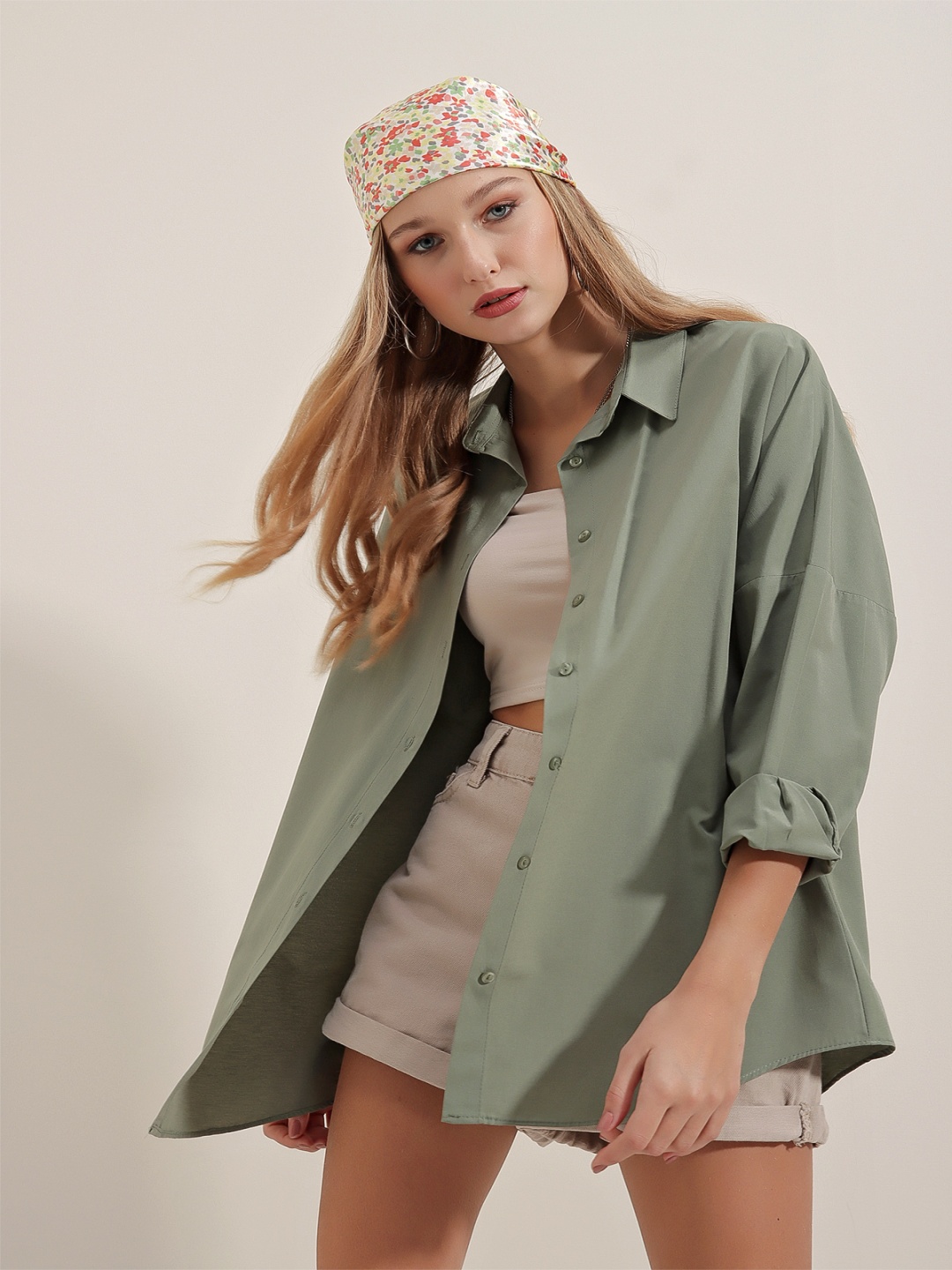 

BIGDART Spread Collar Drop Shoulder Sleeves Casual Shirt, Green
