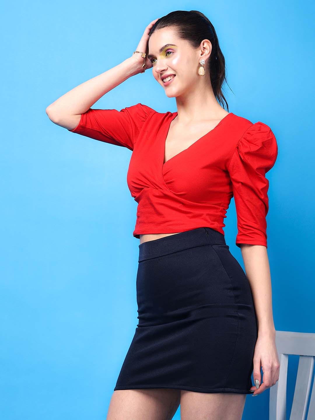 

SCORPIUS Puff Sleeve Wrap Crop Top, Red