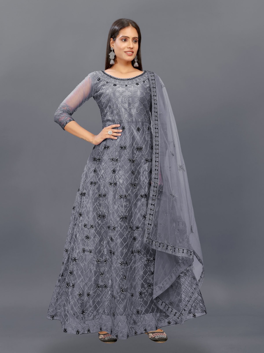 

JULEE Floral Embroidered Net Fit & Flare Maxi Dress, Grey