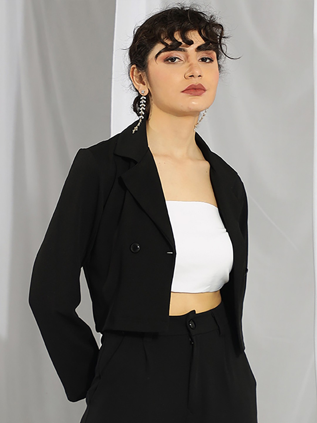 

KOTTY Basics Women Double Breasted Crop Blazer, Black