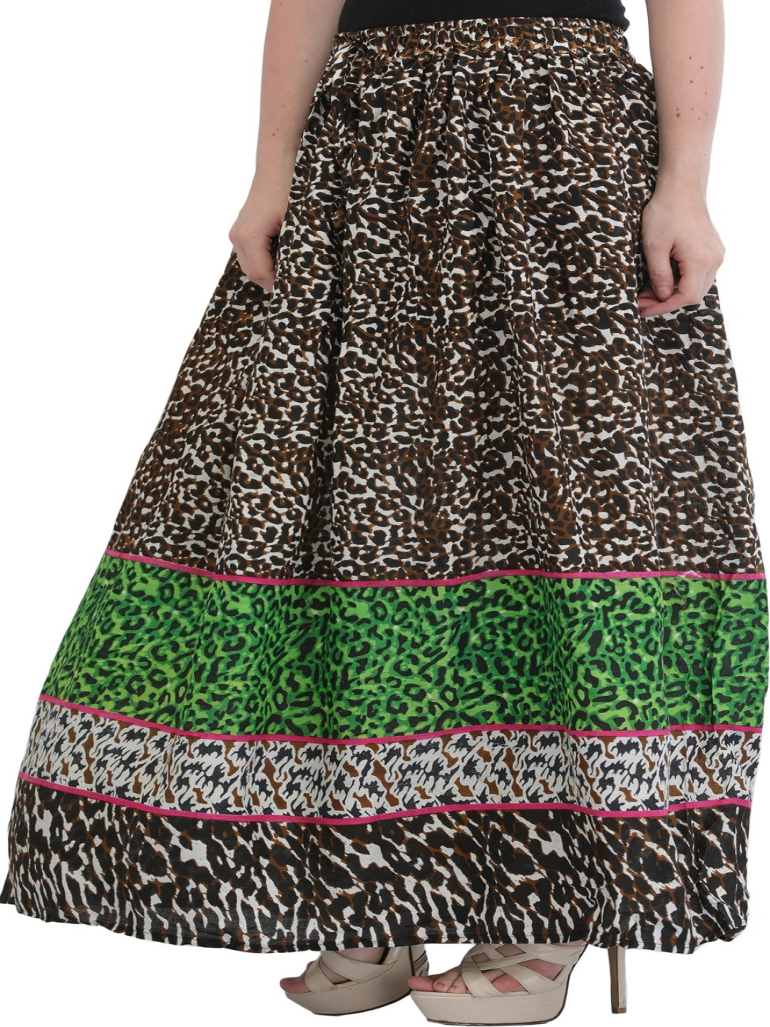 

Exotic India Printed Flared Maxi Skirt, Brown