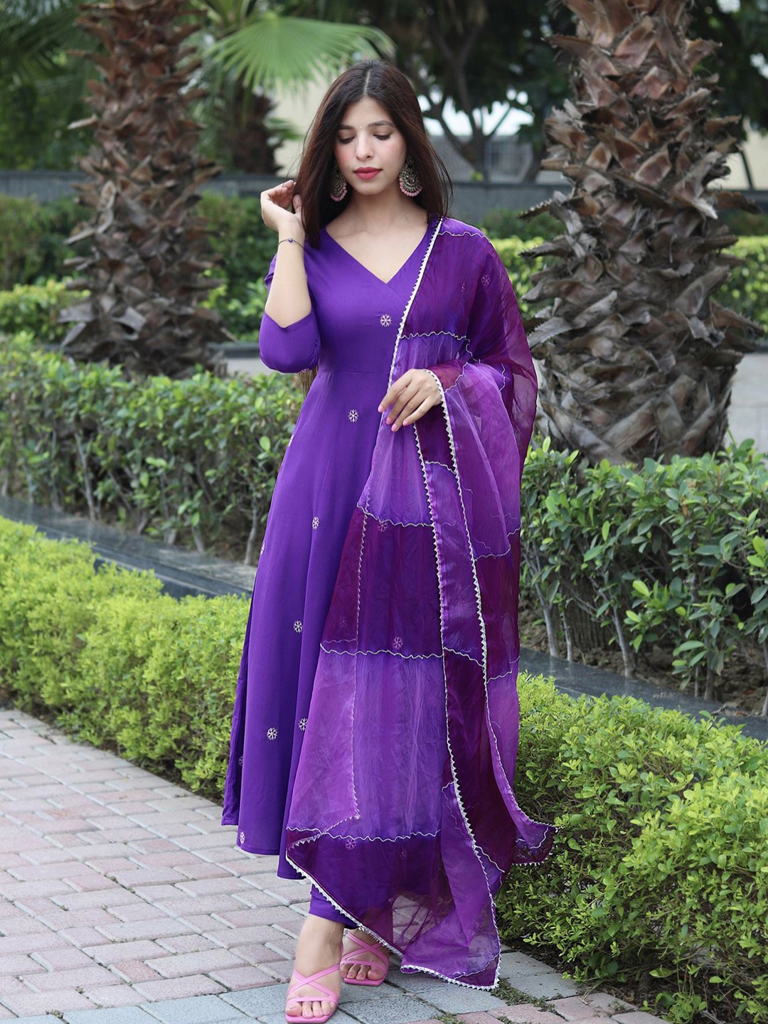 

Royal Export Floral Embroidered Thread Work Angarkha Anarkali Kurta With Trouser & Dupatta, Purple