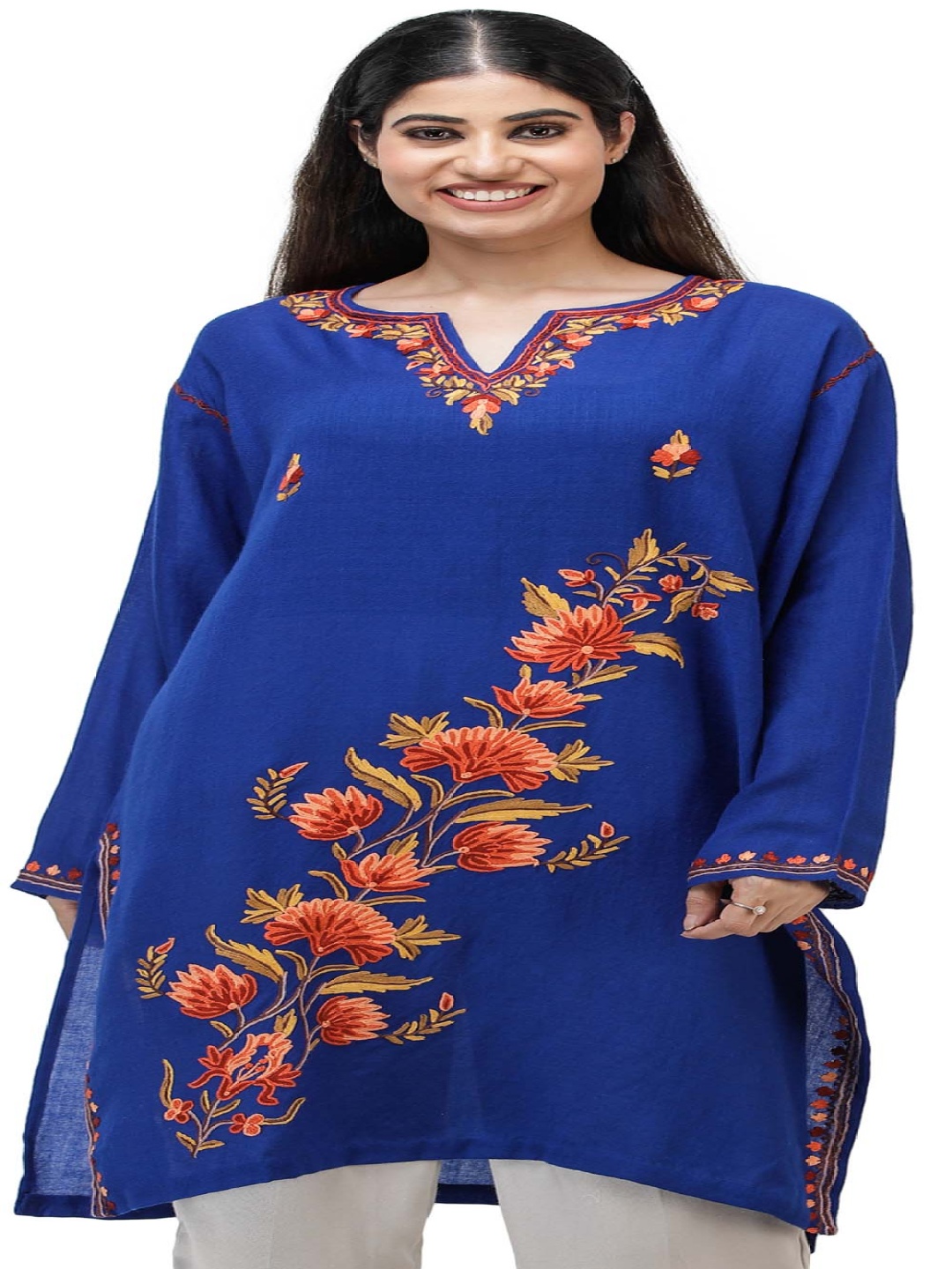 

Exotic India Notched Neck Long Flared Sleeves Floral Embroidered Straight Kurta, Blue