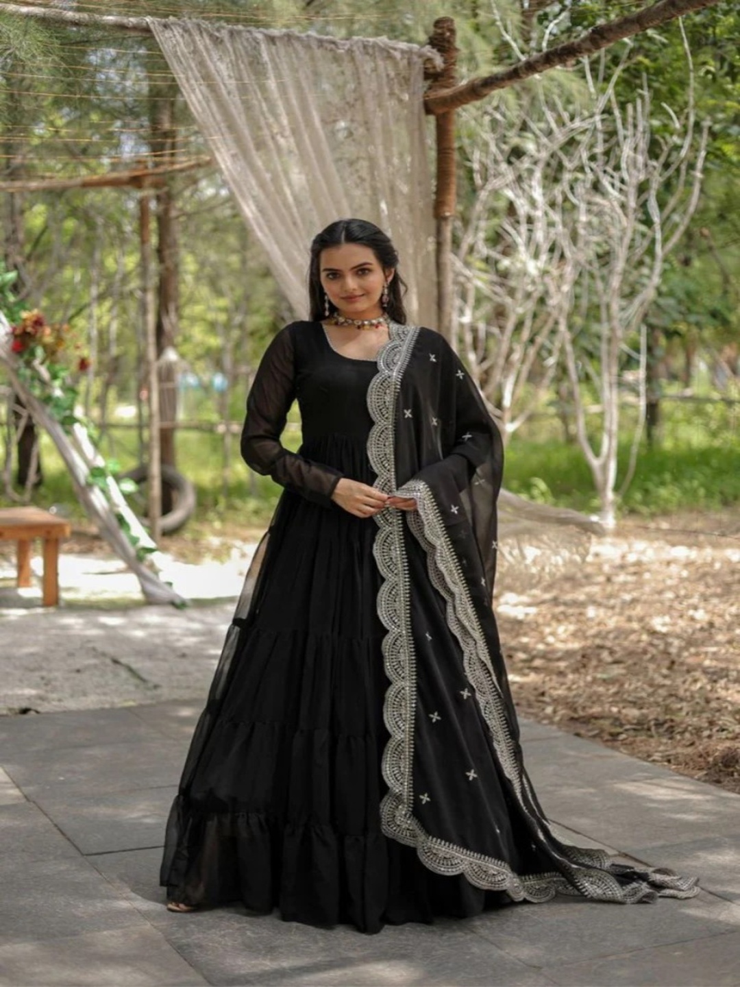 

KALINI U-Neck Long Sleeves Layered Anarkali Kurta With Trousers & Dupatta, Black