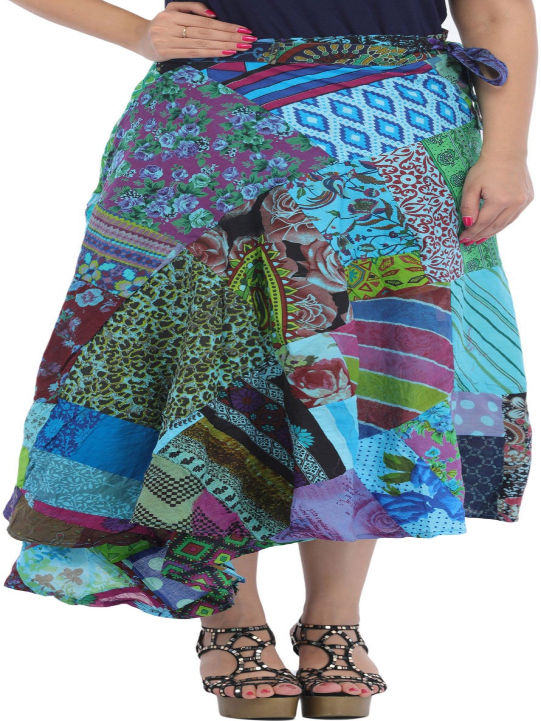 

Exotic India Printed With Patch Work Wrap Around Skirt, Blue