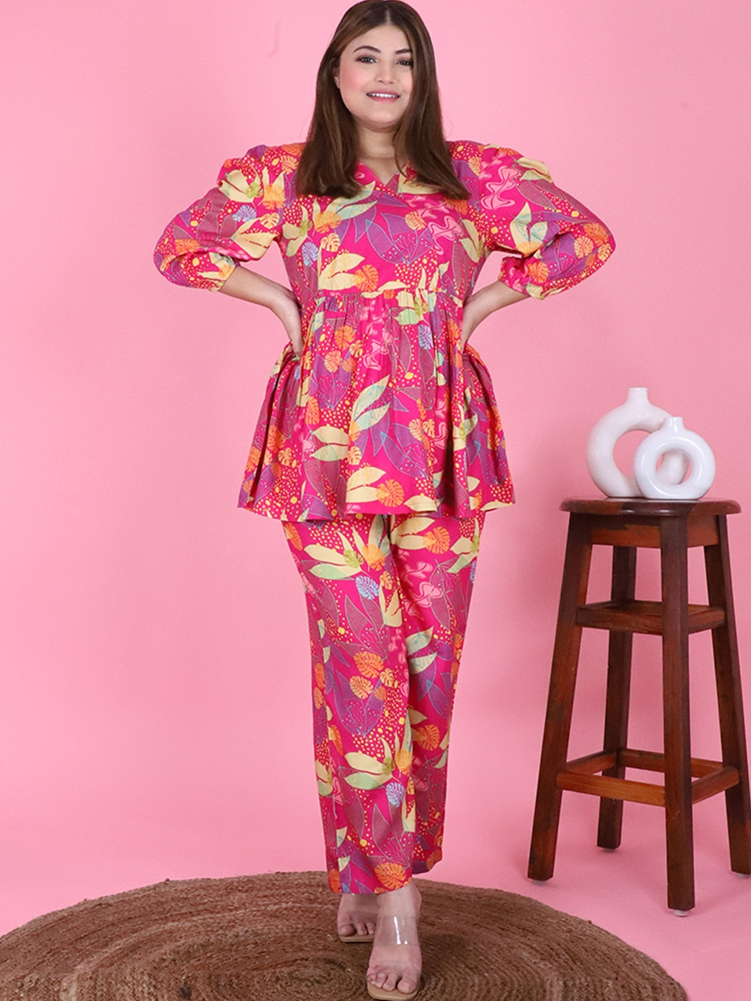 

DEEBACO Magenta Leaf Printed Plus Size Co-Ord Set