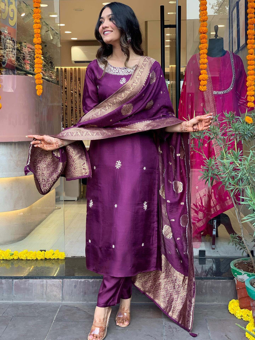 

KALINI Ethnic Motifs Woven Design Regular Kurta with Trousers & With Dupatta, Purple